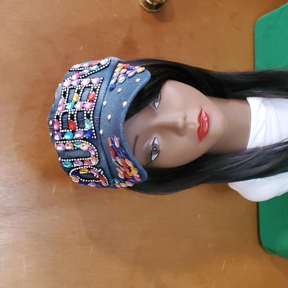 Womens Denim "Queen" Cap With Rhinestones